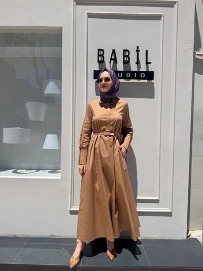 TD4253 Bol Kesim Kadın Elbise Camel