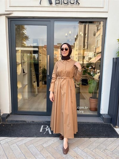 TD4253 Bol Kesim Kadın Elbise Camel