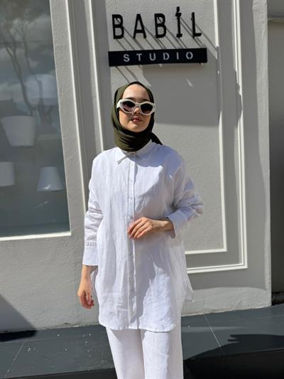 TD4269 Keten Kadın Pantolonlu Takım Beyaz