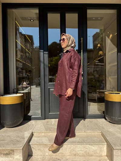 TD4269 Keten Kadın Pantolonlu Takım Bordo