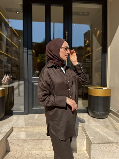 TD4269 Keten Kadın Pantolonlu Takım Kahve