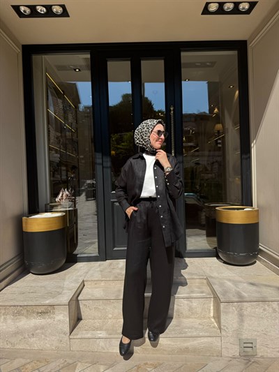 TD4269 Keten Kadın Pantolonlu Takım Siyah
