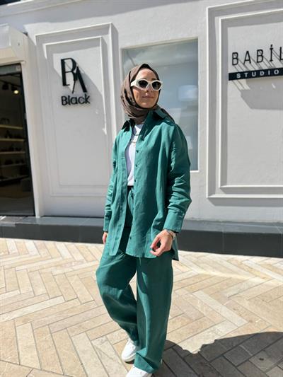 TD4269 Keten Kadın Pantolonlu Takım Yeşil