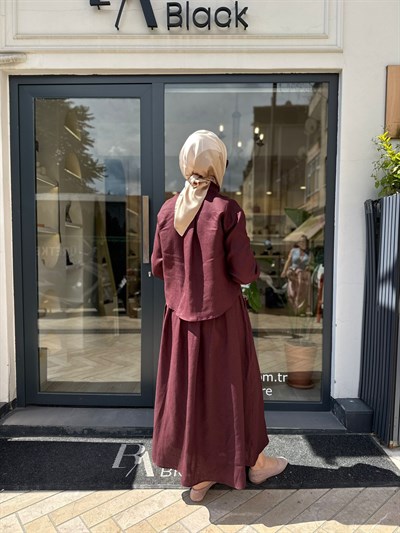 TD4318 Natural Keten Kadın Takım Bordo