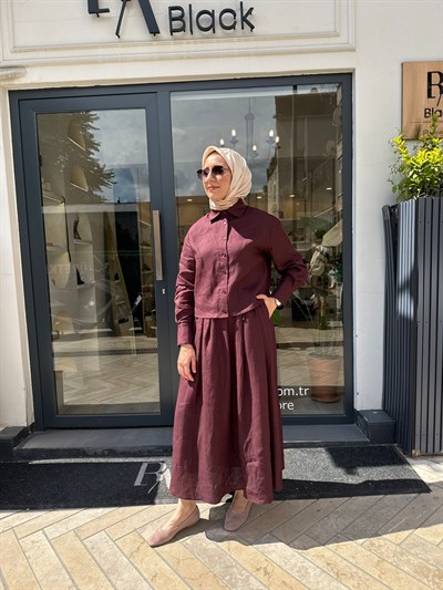 TD4318 Natural Keten Kadın Takım Bordo