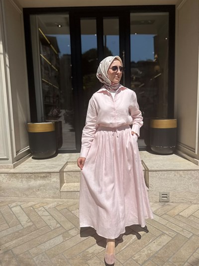 TD4318 Natural Keten Kadın Takım Pudra Pembe