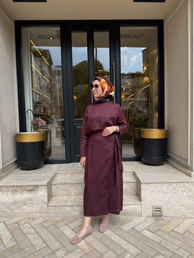 TD4325 Bağlamalı Keten Etekli Kadın Takım Bordo