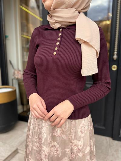 TD4326 Stone Polo Yaka Kadın Kazak Bordo