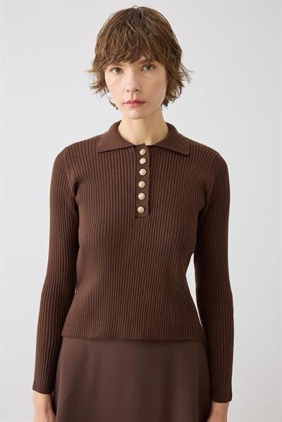 TD4326 Stone Polo Yaka Kadın Kazak Kahve