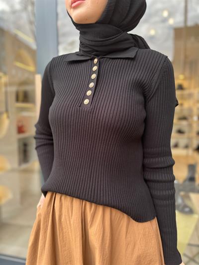 TD4326 Stone Polo Yaka Kadın Kazak Siyah