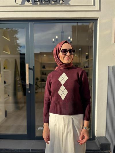 TD4410 Retro Baklava Desen Kadın Triko Bordo