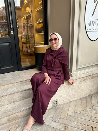 TD4418 Evan Asetat Pantolonlu Takım Bordo