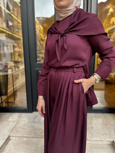 TD4418 Evan Asetat Pantolonlu Takım Bordo