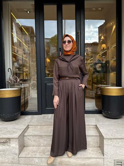 TD4418 Evan Asetat Pantolonlu Takım Kahve