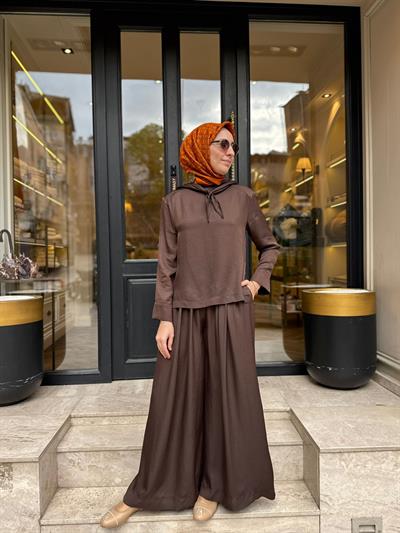 TD4418 Evan Asetat Pantolonlu Takım Kahve