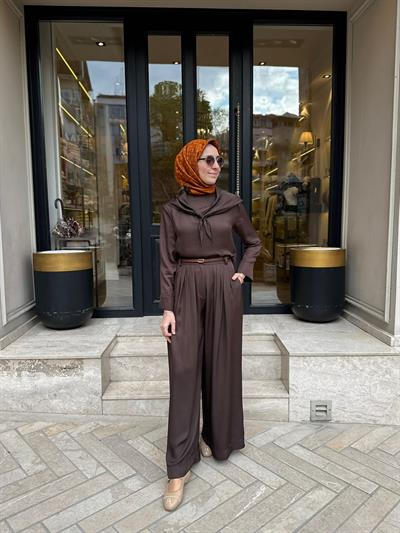 TD4418 Evan Asetat Pantolonlu Takım Kahve