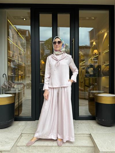 TD4418 Evan Asetat Pantolonlu Takım Pudra Pembe