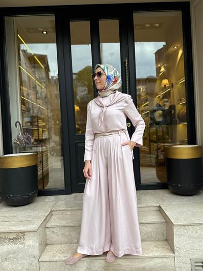 TD4418 Evan Asetat Pantolonlu Takım Pudra Pembe