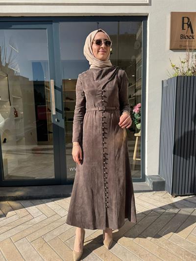 TD4424 Dante Şal Yaka Kadın Elbise Kahve