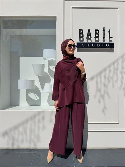 TD4521 Feral Şal Detaylı Kadın Takım Bordo