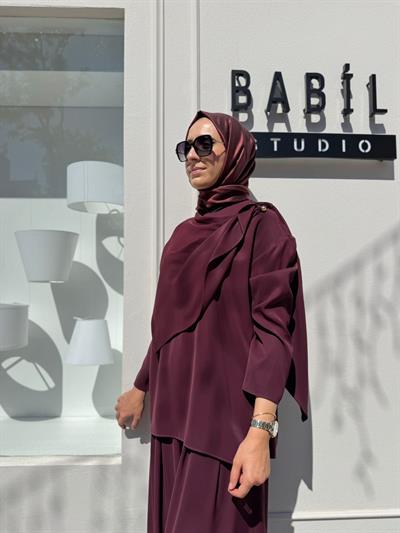 TD4521 Feral Şal Detaylı Kadın Takım Bordo