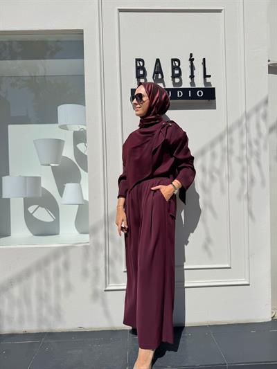 TD4521 Feral Şal Detaylı Kadın Takım Bordo