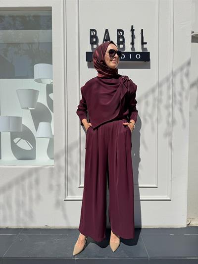 TD4521 Feral Şal Detaylı Kadın Takım Bordo
