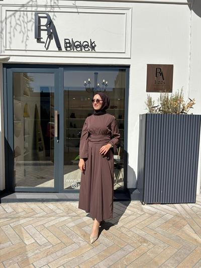 TD4523 Rose Büzgülü Kadın Elbise Kahve