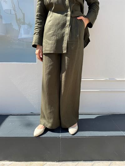 TD4555 Keten Bol Paça Düğmeli Pantolon Haki Yeşil