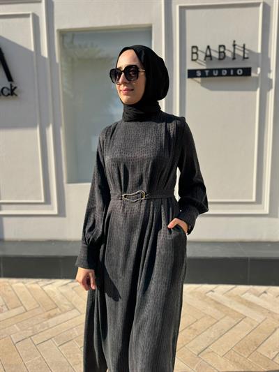 TD4557 Mila Dokulu Şal Detay Kadın Elbise Siyah