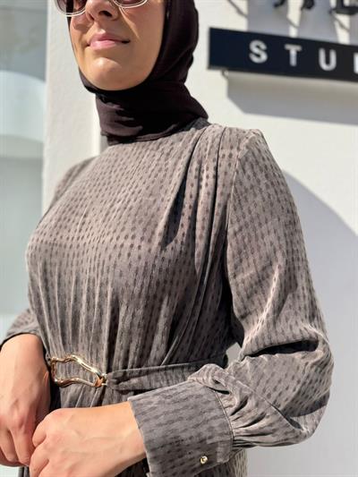 TD4557 Mila Dokulu Şal Detay Kadın Elbise Kahve