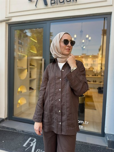 TD4652 Leva Dantel Şerit Detaylı Pantolonlu Takım Kahve
