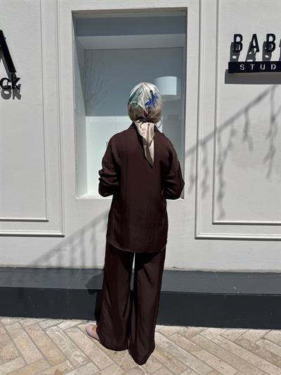 TD4766 Joy Asetat Pantolonlu Kadın Takım Kahve