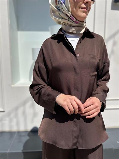 TD4766 Joy Asetat Pantolonlu Kadın Takım Kahve