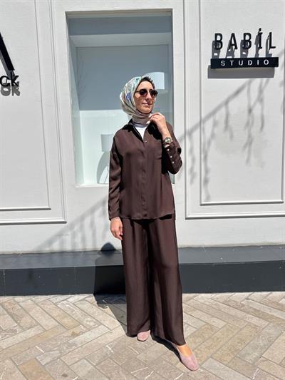 TD4766 Joy Asetat Pantolonlu Kadın Takım Kahve