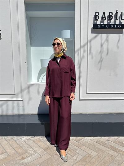 TD4766 Joy Asetat Pantolonlu Kadın Takım Bordo