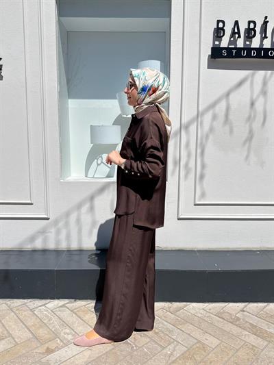 TD4766 Joy Asetat Pantolonlu Kadın Takım Kahve