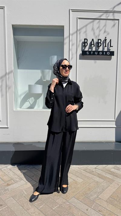 TD4766 Joy Asetat Pantolonlu Kadın Takım Siyah