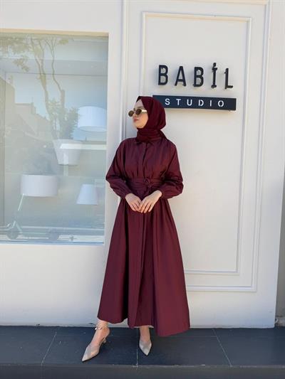 TD53456 Beli Sıkmalı Kadın Elbise Bordo