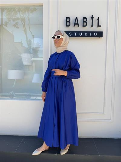 TD53456 Beli Sıkmalı Kadın Elbise Saks Mavi