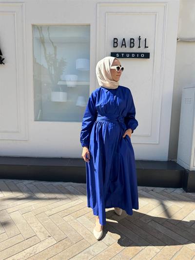 TD53456 Beli Sıkmalı Kadın Elbise Saks Mavi
