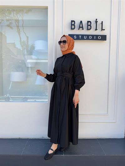 TD53456 Beli Sıkmalı Kadın Elbise Siyah