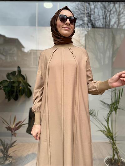 Ters Dikiş Tam Boy Kadın Elbise Camel