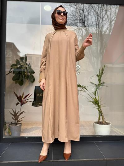 Ters Dikiş Tam Boy Kadın Elbise Camel