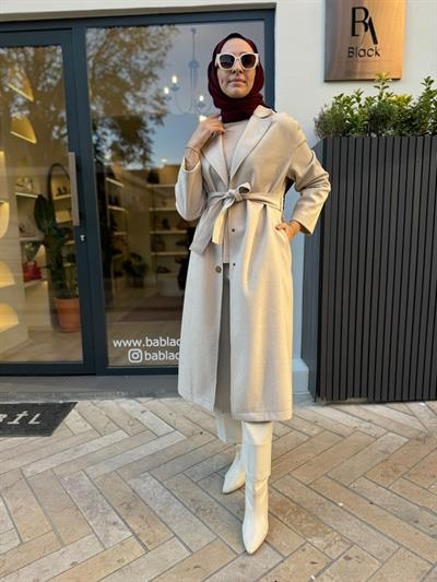 Ters Dikişli  Kuşak Detaylı Kadın Kap Bej