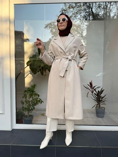 Ters Dikişli  Kuşak Detaylı Kadın Kap Bej