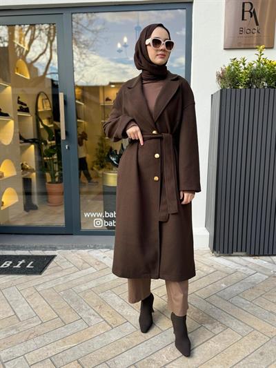 Ters Dikişli  Kuşak Detaylı Kadın Kap Kahve