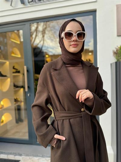 Ters Dikişli  Kuşak Detaylı Kadın Kap Kahve