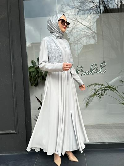 Tül Organze İşlemeli İkili Abaya Gri