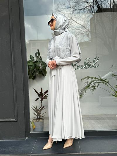 Tül Organze İşlemeli İkili Abaya Gri